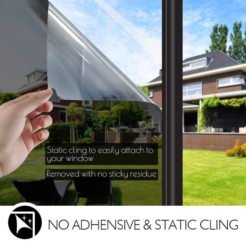 HIDBEA One Way Privacy Window Film, Daytime Mirror Reflective Heat Control UV Sun Blocking Non-Adhesive Static Cling Window Tint for Home and Office (Black-Silver, 35.4 Inch x 32.8 Feet) - Image 5